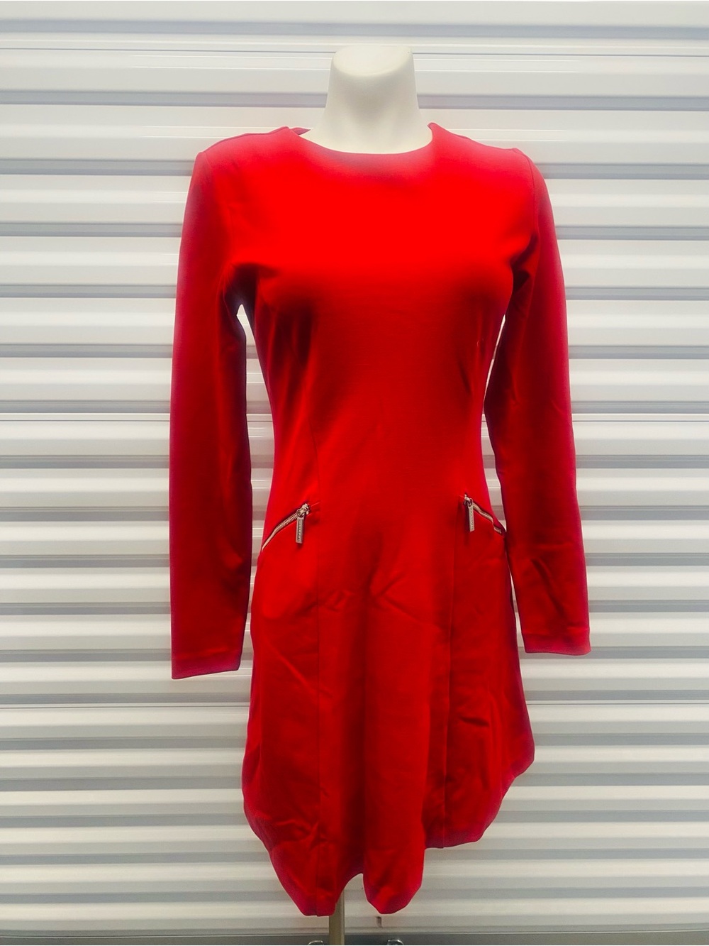 Michael Kors Red Long-Sleeve A-Line Dress with Zip Details